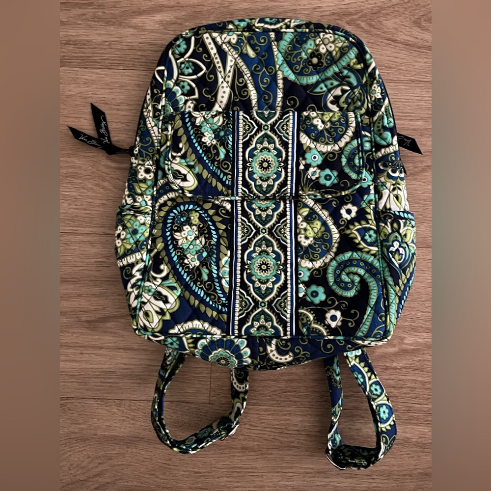 Vera Bradley green blue paisley backpack magnetic front pocket back zip adjust